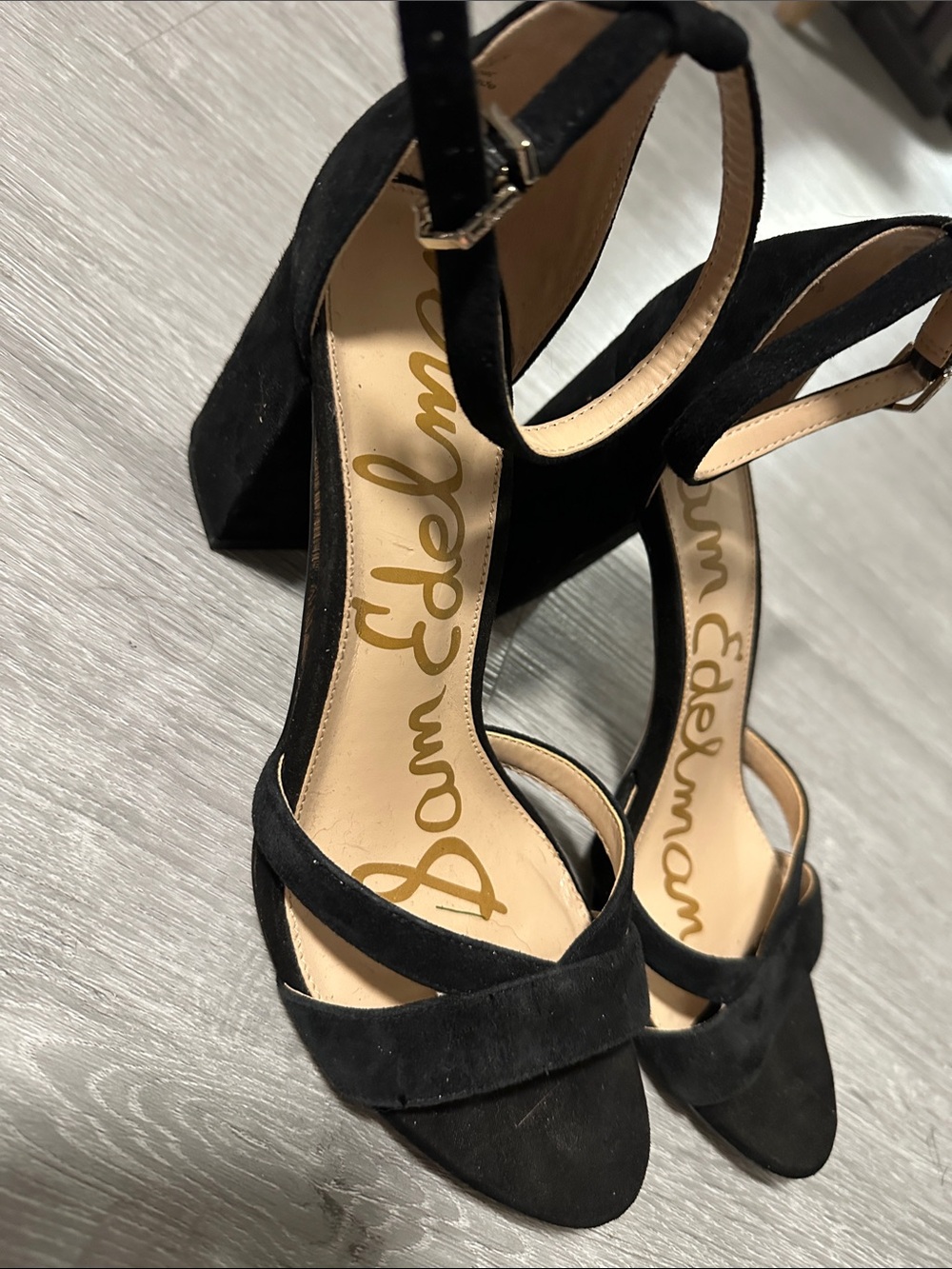 Sam Edelman Black Suede Open-Toe Block Heels